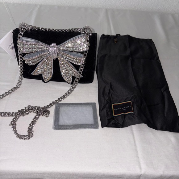 Kurt Geiger Black Velvet Crystal Bow Crossbody Bag Mini Shoulder Chain Purse new - Picture 5 of 8